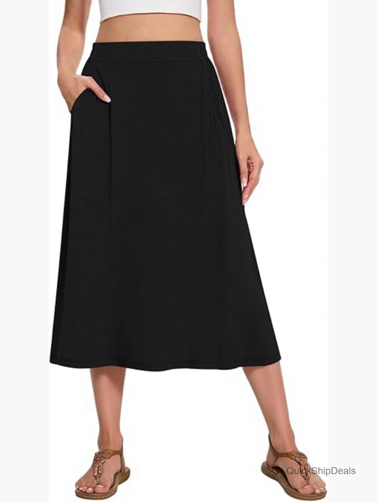 Midi A-Line Skirt With Pockets Elastic High Waisted Casual Summer Flowy